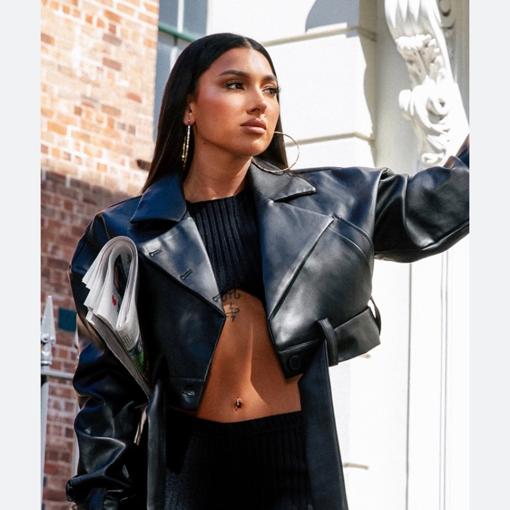 Cropped black biker faux leather jacket